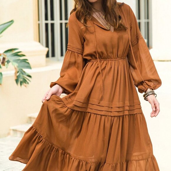 Brown Boho Womens Chiffon V-Neck Tie Elegant Long MAXI  Dress - Picture 8 of 8